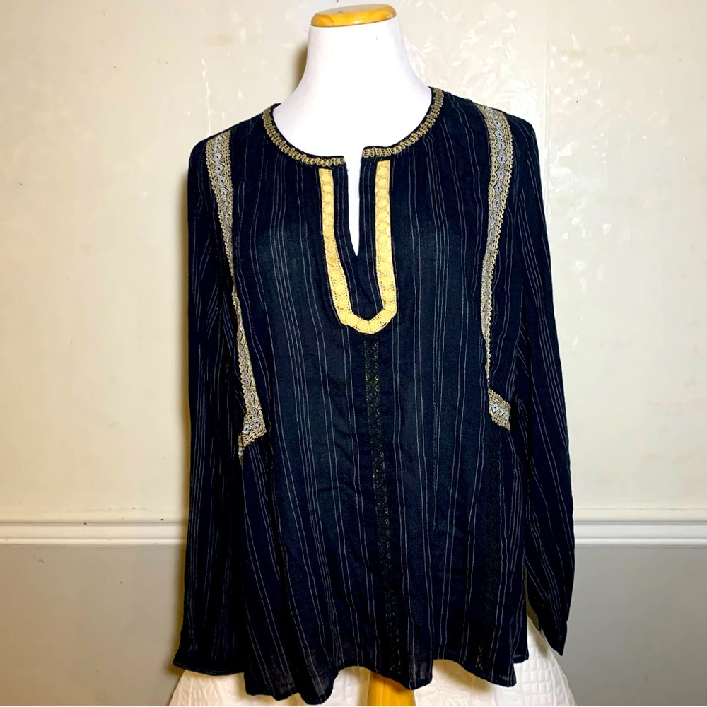 J.Jill Navy Blue Embroidered Lace Peasant Bohemian Blouse Size XLP ( petite )